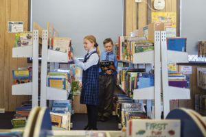 Students reading a borrowing in the library